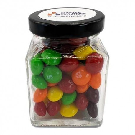 100g Skittles Packed in Small Glass Square Jars 100g Skittles Packed in Small Glass Square Jars