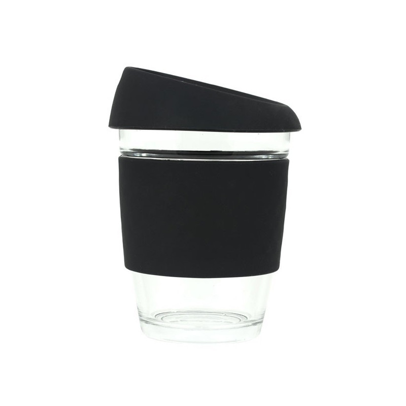 Black 340ml Reusable Glass Karma Kup with Silicone Band and Lid