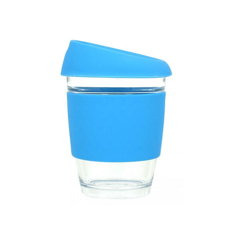 Blue 340ml Reusable Glass Karma Kup with Silicone Band and Lid