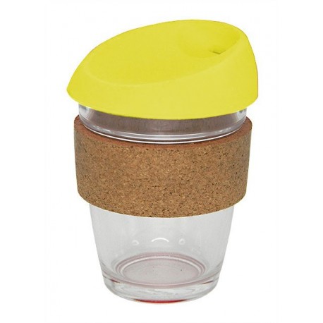 Yellow 340ml Reusable Glass Karma Kup with Cork Band and Silicone Lid