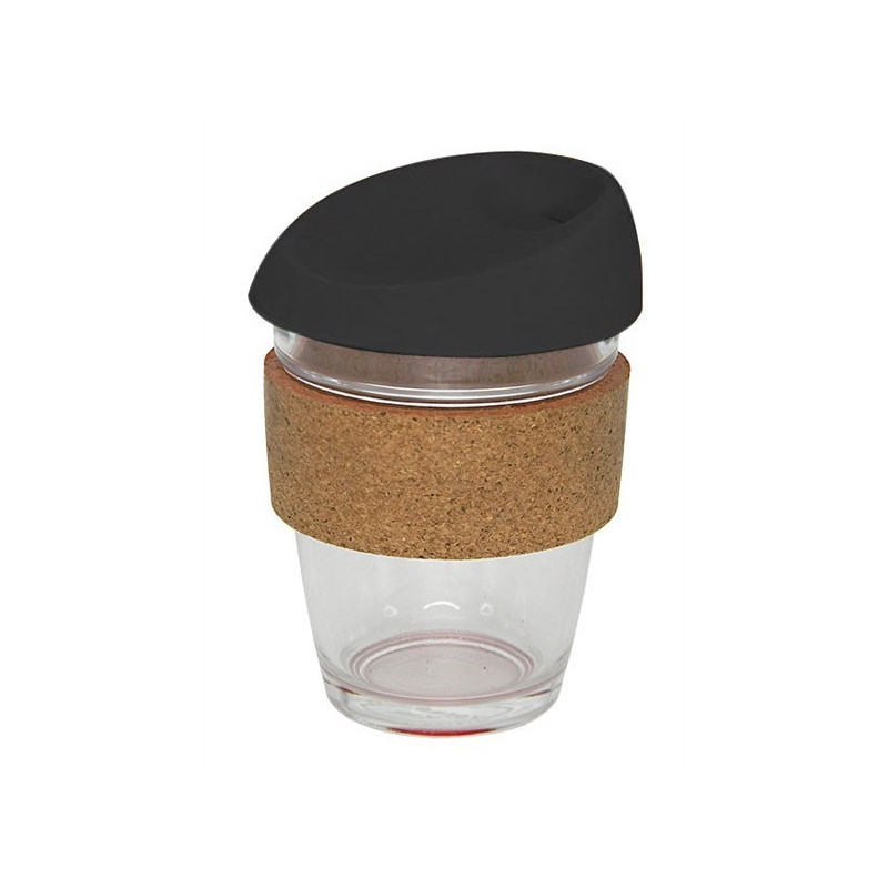 Black 340ml Reusable Glass Karma Kup with Cork Band and Silicone Lid