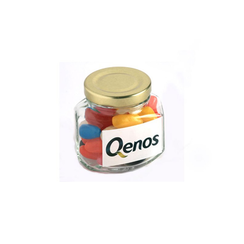 Jelly Beans in Glass Squexagonal Jar 90G (Mixed Colours or Corporate Colours)