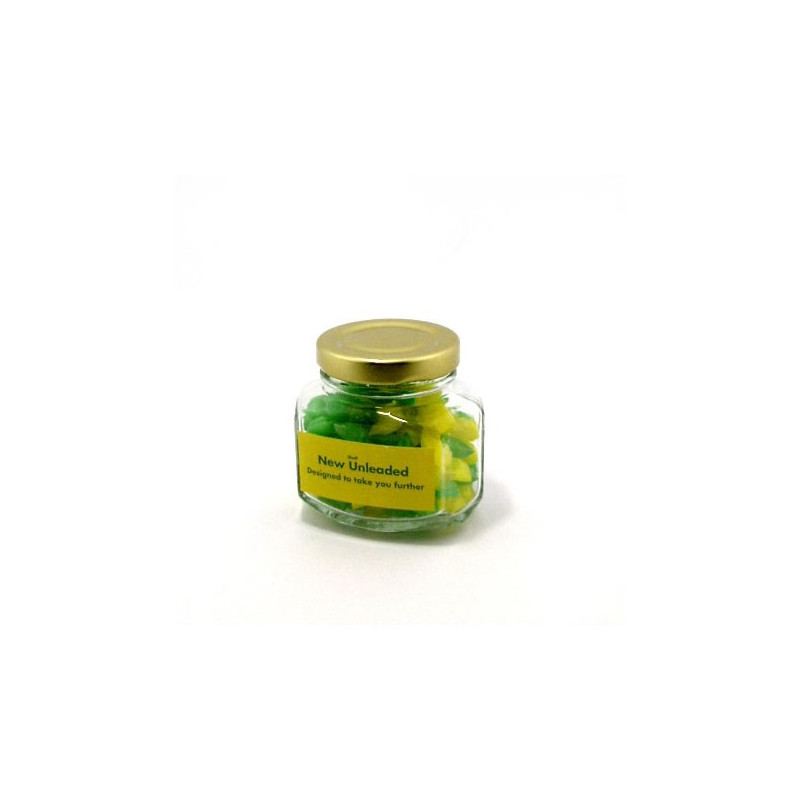 Corporate Coloured Humbugs in Glass Squexagonal Jar 80G