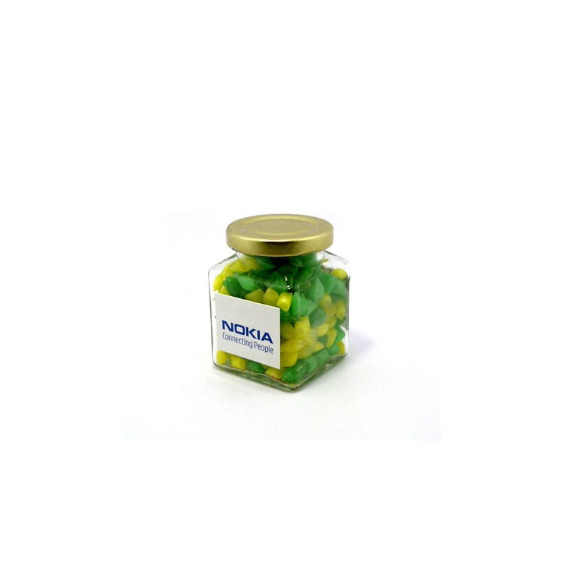 Corporate Coloured Humbugs in Glass Square Jar 140G