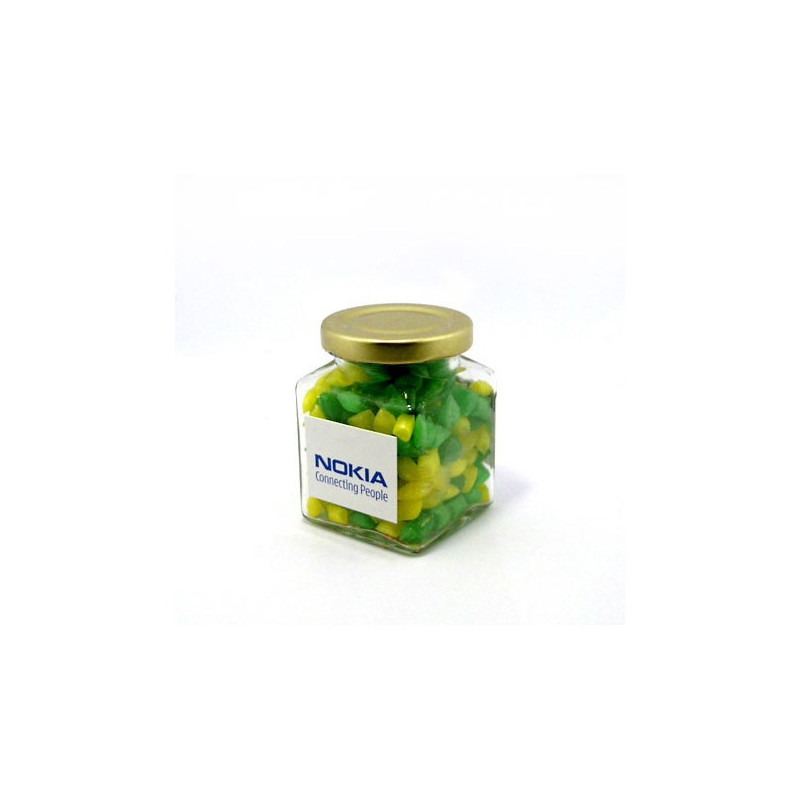 Corporate Coloured Humbugs in Glass Square Jar 140G