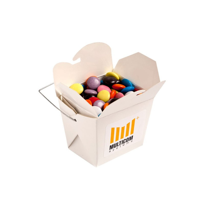 White Cardboard Noodle Box Filled with Choc Beans Smartie Look Alike 100G (Corporate Colours) White Cardboard Noodle Box Filled with Choc Beans Smartie Look Alike 100G (Corporate Colours)