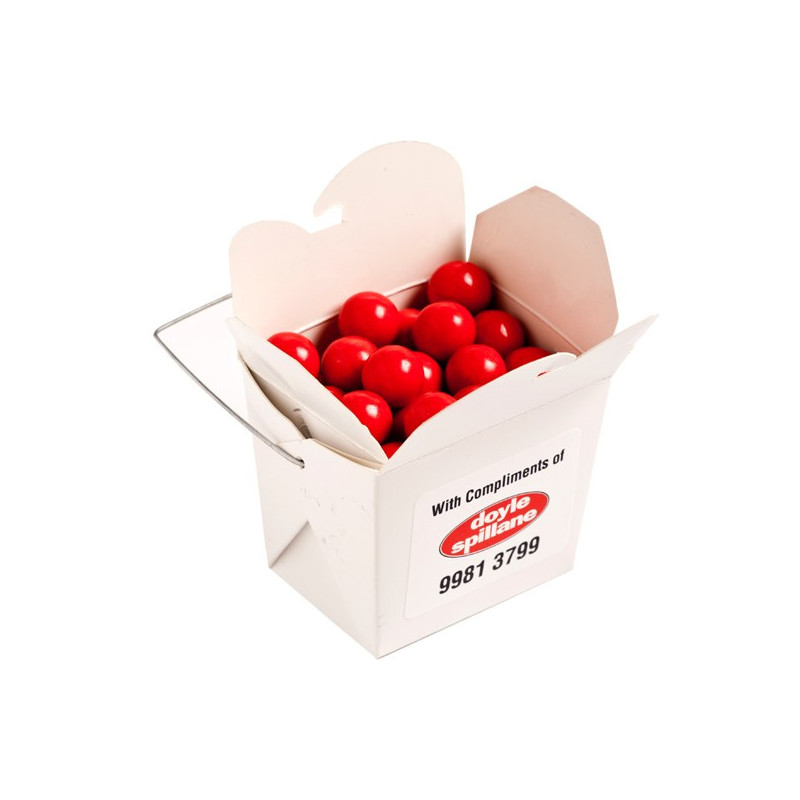 White Cardboard Noodle Box Filled with Orange Choc Drops (Jaffa Look Alike) 100G White Cardboard Noodle Box Filled with Orange Choc Drops (Jaffa Look Alike) 100G