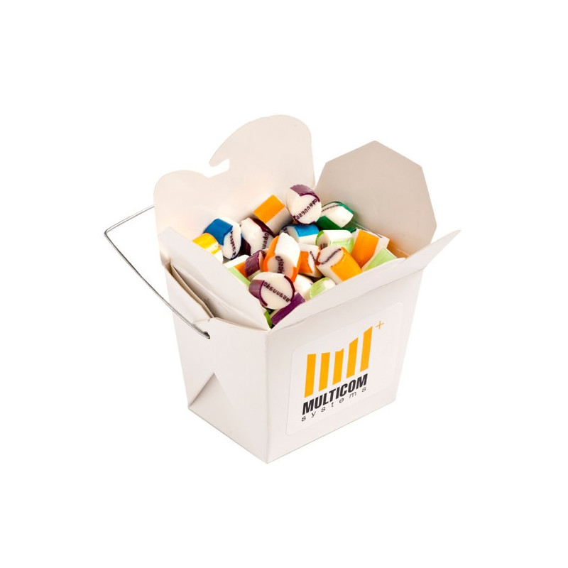 White Cardboard Noodle Box Filled with Personalised Rock Candy 100G