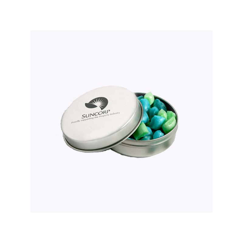 Candle Tin Filled with Corporate Coloured Tiny Humbugs 50G Candle Tin Filled with Corporate Coloured Tiny Humbugs 50G