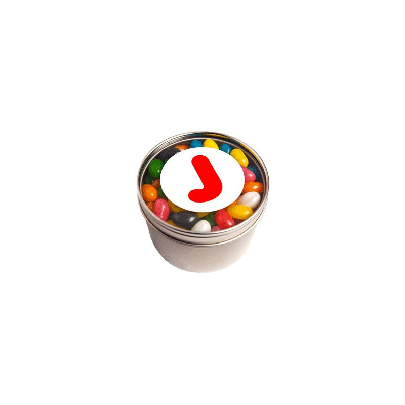 Small Round Acrylic Window Tin Fillled with Jelly Beans 170G (Mixed Colours or Corporate Colours)