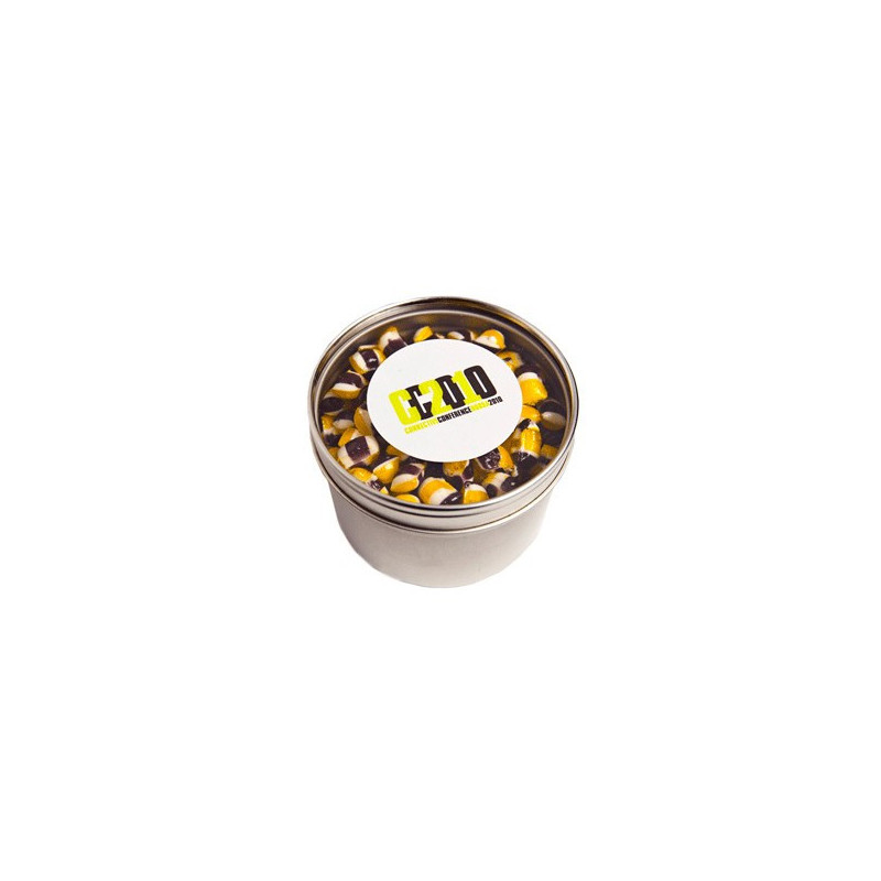 Small Round Acrylic Window Tin Fillled with Tiny Humbugs 170G Small Round Acrylic Window Tin Fillled with Tiny Humbugs 170G