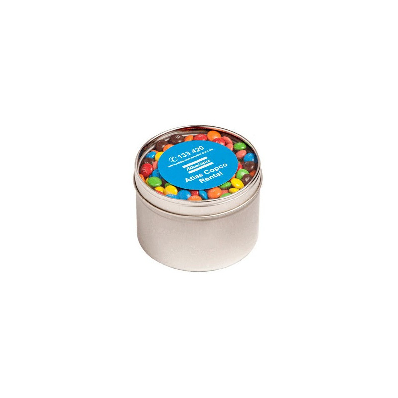 Small Round Acrylic Window Tin Fillled with M&Ms 160G Small Round Acrylic Window Tin Fillled with M&Ms 160G