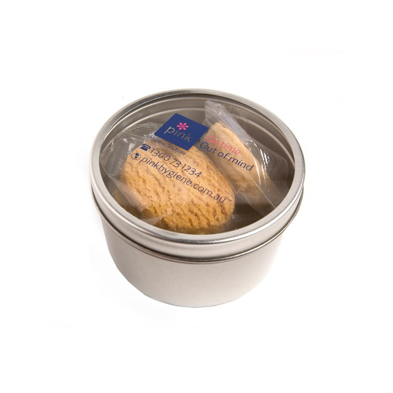 Small Round Acrylic Window Tin Fillled with Biscuits X4 Small Round Acrylic Window Tin Fillled with Biscuits X4
